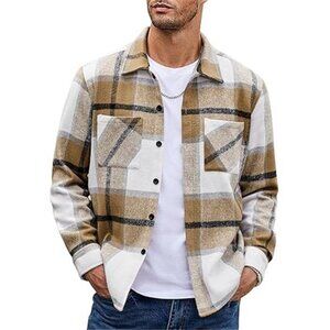 Mens Plaid Flannel Shirt Jacket Fleece Shacket Long Sleeve Button Down